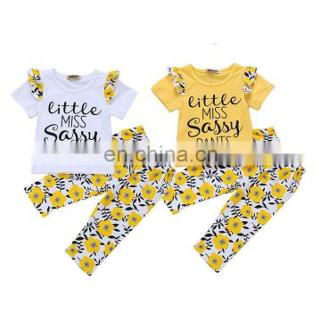 Infant Summer Girls Clothing Sets Baby Girls Short Sleeve Letter Print Sunflower Tops + Floral Pants Outfit Clothes