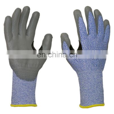 New Design EN388 Level 5 HPPE Thumb Crotch Reinforced Cut Protective Gloves with PU Coating