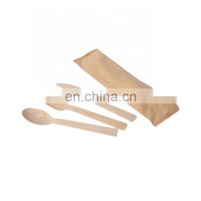 Restaurant Disposable Bamboo Cutlery Set Bamboo Spoon Knife and Fork 3PC Packed Paper Bag