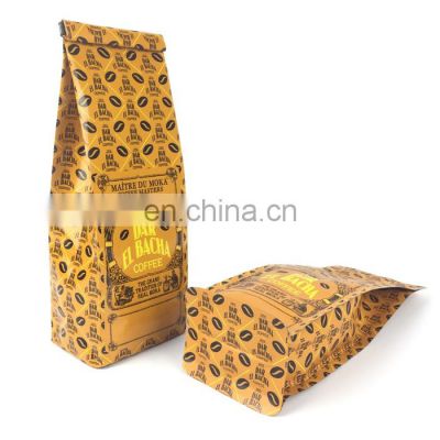 Custom printed food packaging golden bag square bottom zipper tin tie coffee pouches with degassing valve