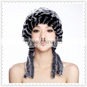 new fashionable style rabbit fur winter beanie hat with long fluffy strings