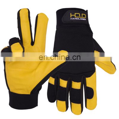 HANDLANDY  Mens Leather Work Gloves Golden Yellow Goatskin Mechanic leather Cycling Hiking Riding Moto Gloves Motorcycle