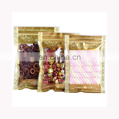 Transparent Gold 3 Sides Seal Zipper Bags Flowers Printed Zipper Pouch with Clear Window Composite Poly Bag for Food Packaging