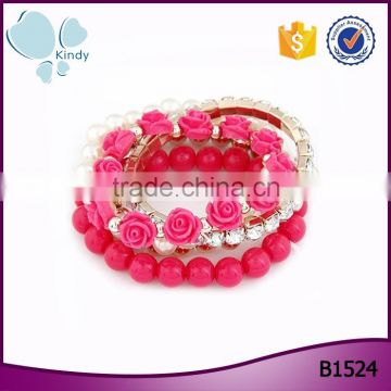 Fashion jewelry mix crystal plastic pearls beaded rose flower stretch bracelet