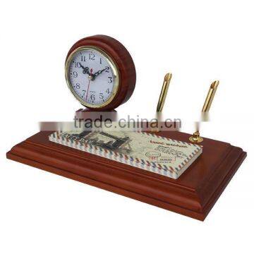 Retro style quarzt wood unique table clock for sale with pen holder