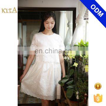 Women Short Sleeve White Cotton Embroidery Dress