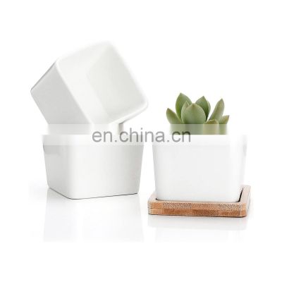 cheap white silk screen printing small square cube geometric ceramic succulent planter manufacturing with bamboo trays