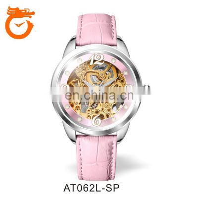 Pink Leather 316L Stainless Steel Automatic Mechanical Self Wind Watch Women Luxury Custom Women Watch