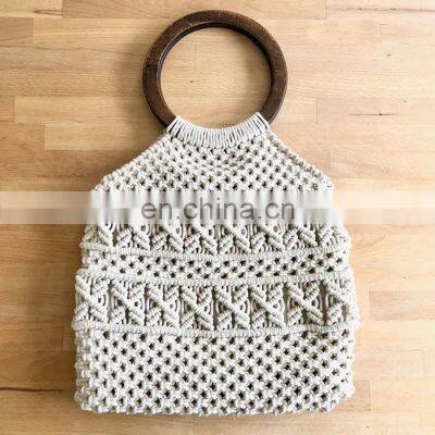 Vietnam Supplier Macrame tote bag with wooden handles, Boho Summer bag crochet handmade Cheap WHolesale