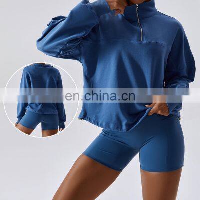 Quarter Zipper Loose Pullovers Women Factory Sales High Neck Soft Sweatshirt Hoodies