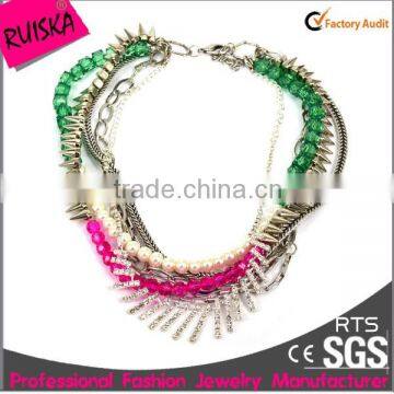 multi layers chains colorful beads pearl beads silver alloy wolf teeth with rhinestone chunky necklace