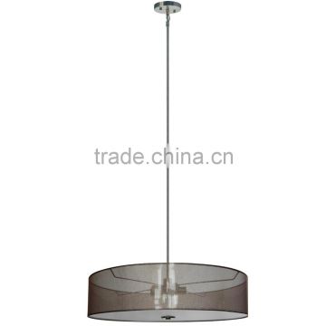 5 light chandelier(Lustre/La arana) in satin steel finish with30" lustrous steel linen fabric shade finished with a glossy sheen