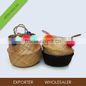 Decorative home Foldable Seagrass Basket with colorful pom pom