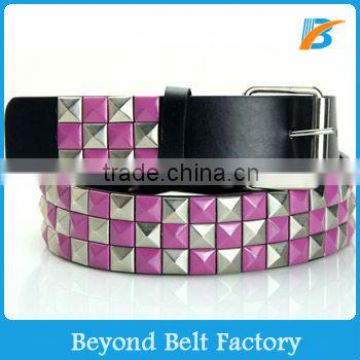 Men Women's Purple Silver Checkerboard Pyramid Studded Leather Belt