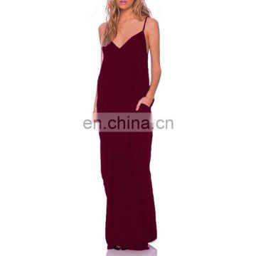 China Supplier Apparel Women Dresses Spaghetti Strap Sexy V-Neck Sleeveless Casual Loose Long Maxi Solid Dress
