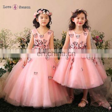 XXLF190 3D butterfly patterns long kids girls puffy party dresses for 6 year old girl lovely dresses