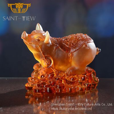LiuLi Glass Lost-Wax art crystal Feng Shui Decoration - Pig Statue Chinese New Year Gift