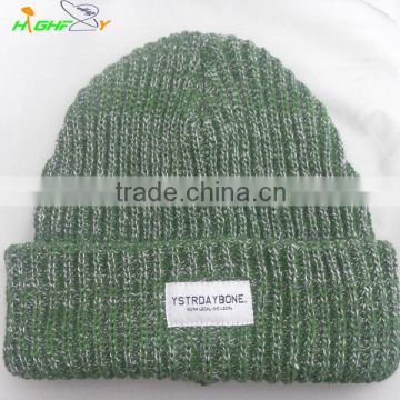 Green and grey mixed yarn knit slouchy long beanie hat with custom woven label
