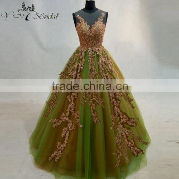 2016 Green Back See Through Wedding Dress Ball Gown Bridemaid Dresses Golden Appliques Dress