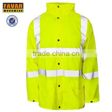 fluro yellow waterproof jacket for men with 300d oxford high visibility safety workwear