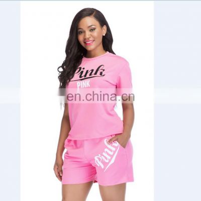 Summer ladies hot sale suit fashionable new pink printing round neck t-shirt + shorts 2-piece leisure sports jogger