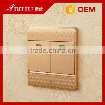 China supplier BIHU 12 volt 2 gang 1 way or 2 way gold new design wall light switch socket