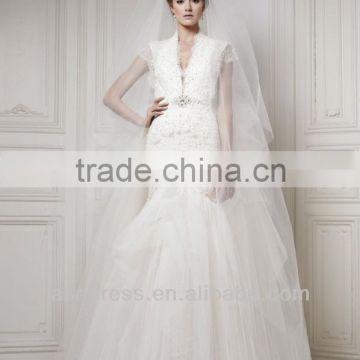 2014 New Style Lace Appliqued V-Neckline Mermaid Gown Lace Wedding Dress Patterns (WDER-MOBEL)