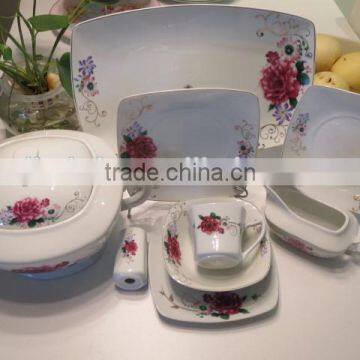 hot sales high quality nice rose flower square shape ceramic porcelain dinner set