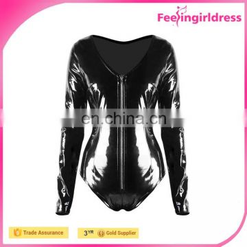 Hot 2016 Sexy Black Zipper Front PVC Lingerie Women Long Sleeve Bodysuit