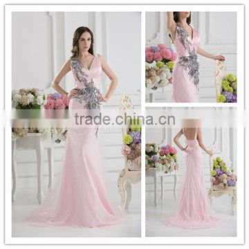 Chinoiserie V-neck Backless A-line Flower Beaded Sequins Empire Pleated Lace Prom Dresses xyy07-015