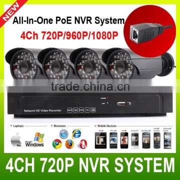 All-in-one Built-in POE 4CH 720P NVR System 1.0mp Outdoor IR Night Vision IP Camera Kit