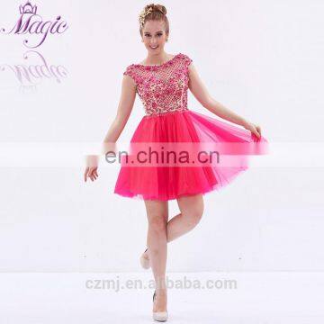 New Arrival Design Mesh Cap Sleeve Embroidery Sequin Beaded Short Prom Dress 2017