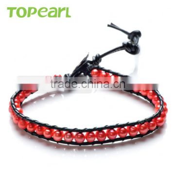 Topearl Jewelry Potato Shape Red Freshwater Pearl Bracelet Woven Leather Wrap Bracelets Cheap Leather Bracelets CLL159