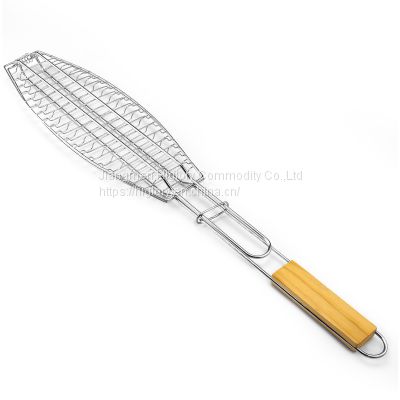 BBQ Fish Grill Basket Chrome plated BBQ Barbecue Grill Accessories Mesh Wire Fish Basket with wood handle