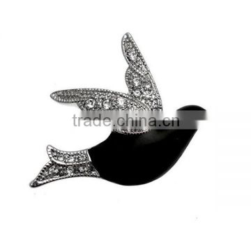 Wholesale 4*3.5cm Black Enamel & Clear Crystal Flying Bird Brooch