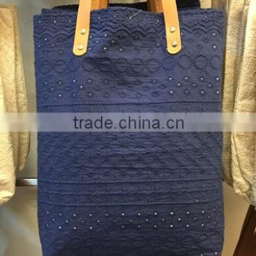 Dobbytex Best Selling Thai Cotton Navy lace tote bag with leather strap
