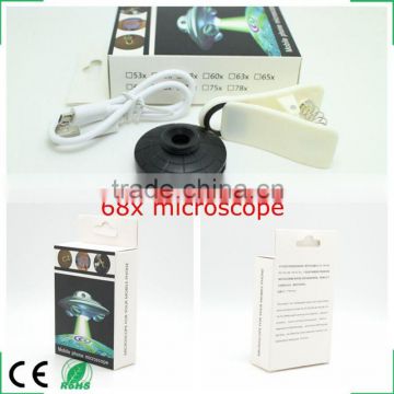 LED lighted portable pocket microscope for mobile phone 68x macro lens clip universal
