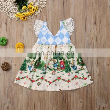 Girl Summer Dress Baby Cartoon Animal Flower Print Patchwork Dress with lace sleeve for 1-6T