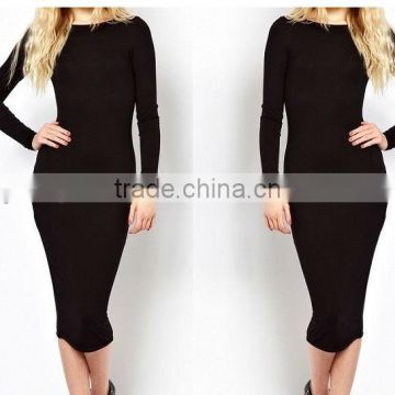 Women Plain Long Sleeve Stretch Body con Midi Length Dress