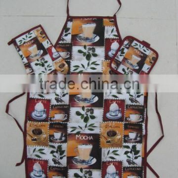coffee pattern ladies kitchen aprons, heat resistant cooking gloves, cheap pot holders set