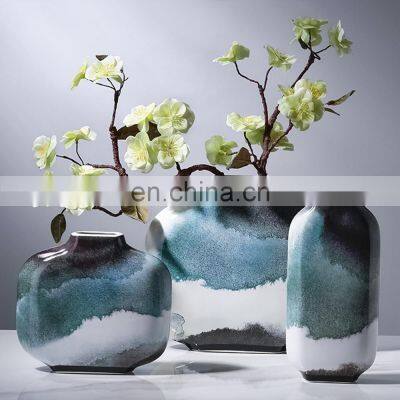 Modern New Chinese Green Ink Design Handmade White Ceramic Flower Vases for Porcelain home decor