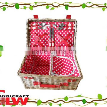 new design handmade cheap wholesale wicker picnic basket with coolbag food basket four persons Beige straps or red polks dot