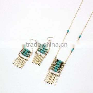 Delicate turquoise beads charm bar tassel necklace and earring set