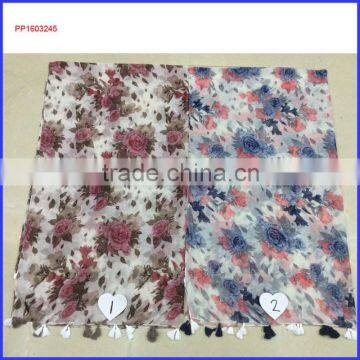 2016 flower printed new style scarf with fringes