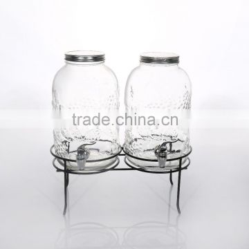 4.5L Twin Clear Glass Dispenser With Iron Stand With Pattern