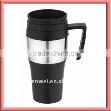 Double wall plastic travel tumbler with stainless steel in middle