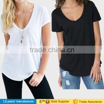 Basic blank plain white sexy style loose top plus size short sleeve v neck curved hem women cotton baggy t-shirts with pockets