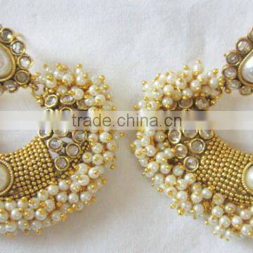 White pearl Beads polki gold tone dangler EARRINGS