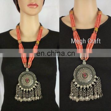 Tribal Handmade Vintage Pendant- Afghani Pearl Beaded jewelry - Designer german silver Necklace - Designer Pendant set