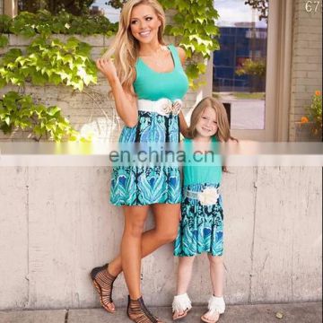 mother and daughter knee-length dress family look green printed dress mom and me sundress (this link for girls,1-13years)